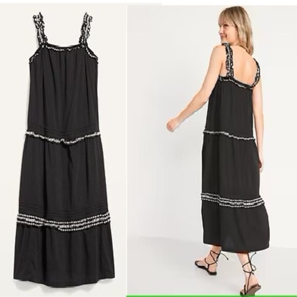 Old Navy Dresses & Skirts - Old Navy Sleeveless Ruffle-Neck Tiered Midi Swing Dress Black/White Size L